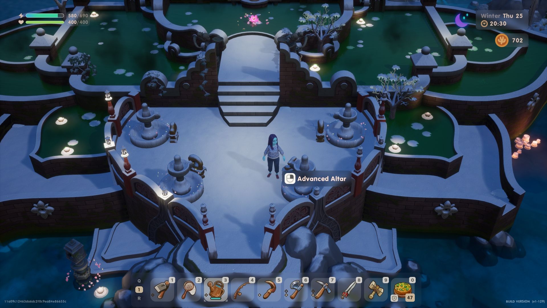 Coral Island avatar standing near a Lake Temple shrine with a text box identifying it as the Advanced Altar. It is one of the altars containing bundles for donating items. 