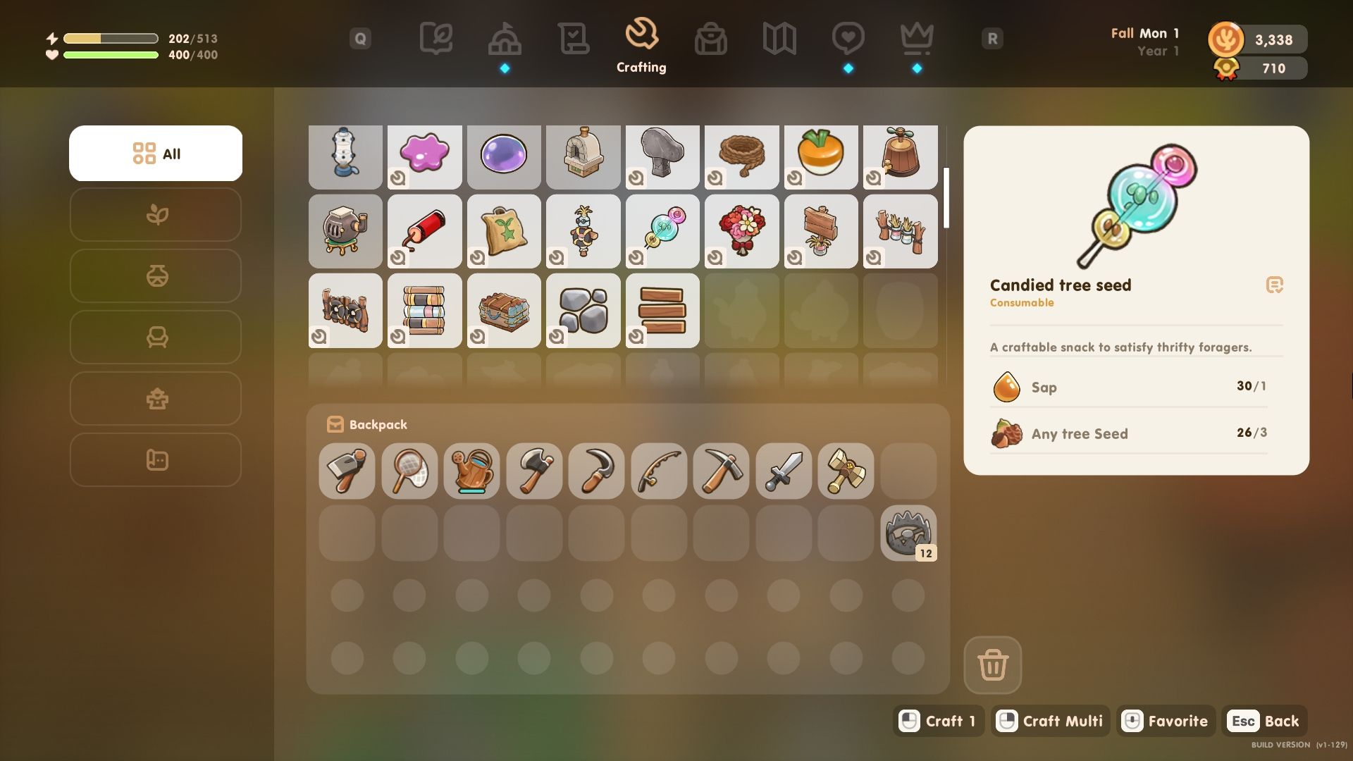 Coral Island menu with the candied tree seed recipe selected. It's made with easily foraged materials for early game stamina restoration.