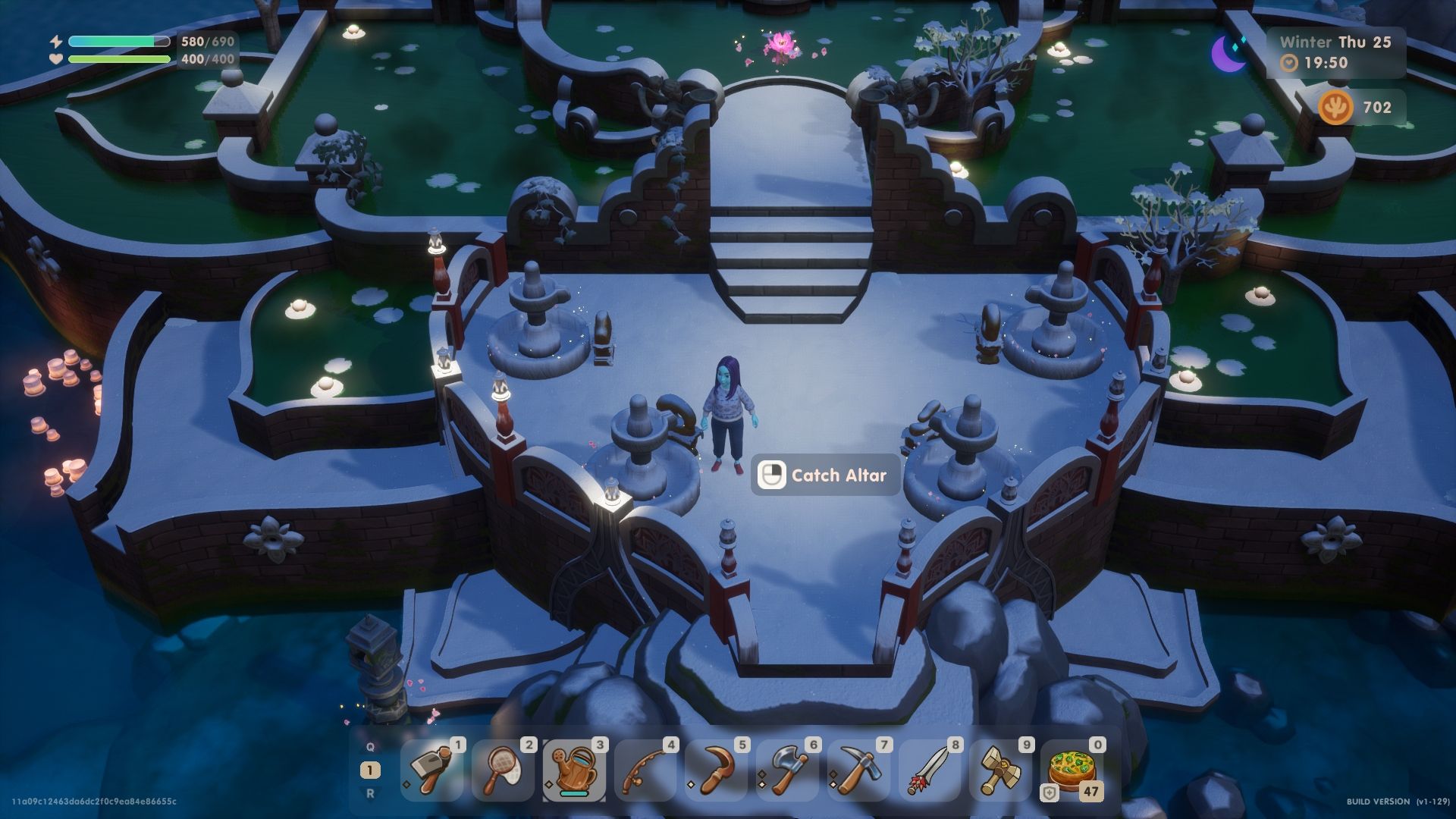 Coral Island avatar standing near a shrine at the lake temple. An on screen textbox indicates that the shrine is called a catch altar. It is primarily about fish.