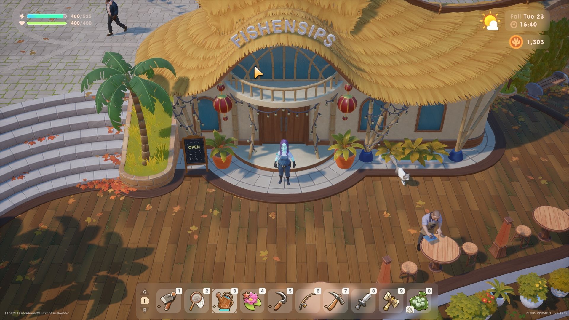 Coral Island avatar standing at the entrance to the Fishensips restaurant. They carry food which can be used to restore some stamina.