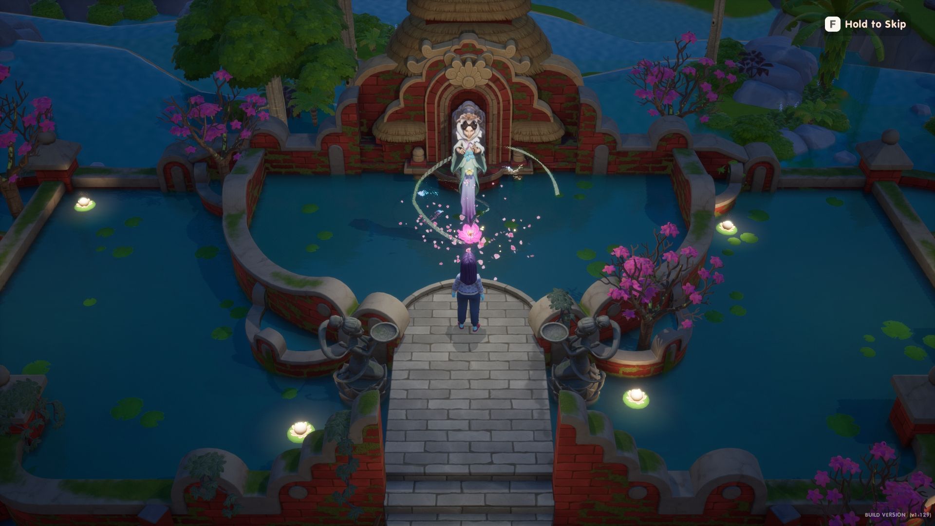 Coral Island avatar standing at the Lake Temple. The Lake Goddess is performing magic.