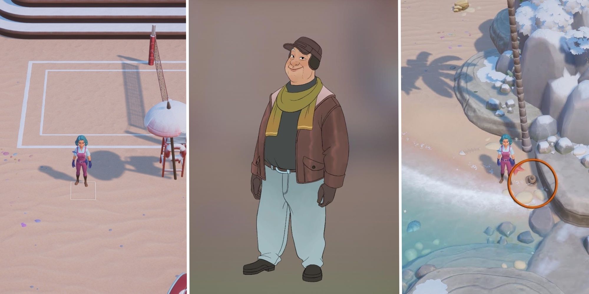 Coral Island character Mayor Connor in the center panel with blurred background. An avatar in the right panel standing next to a hat circled in orange, and an avatar standing near a beach volleyball court in the left panel. 