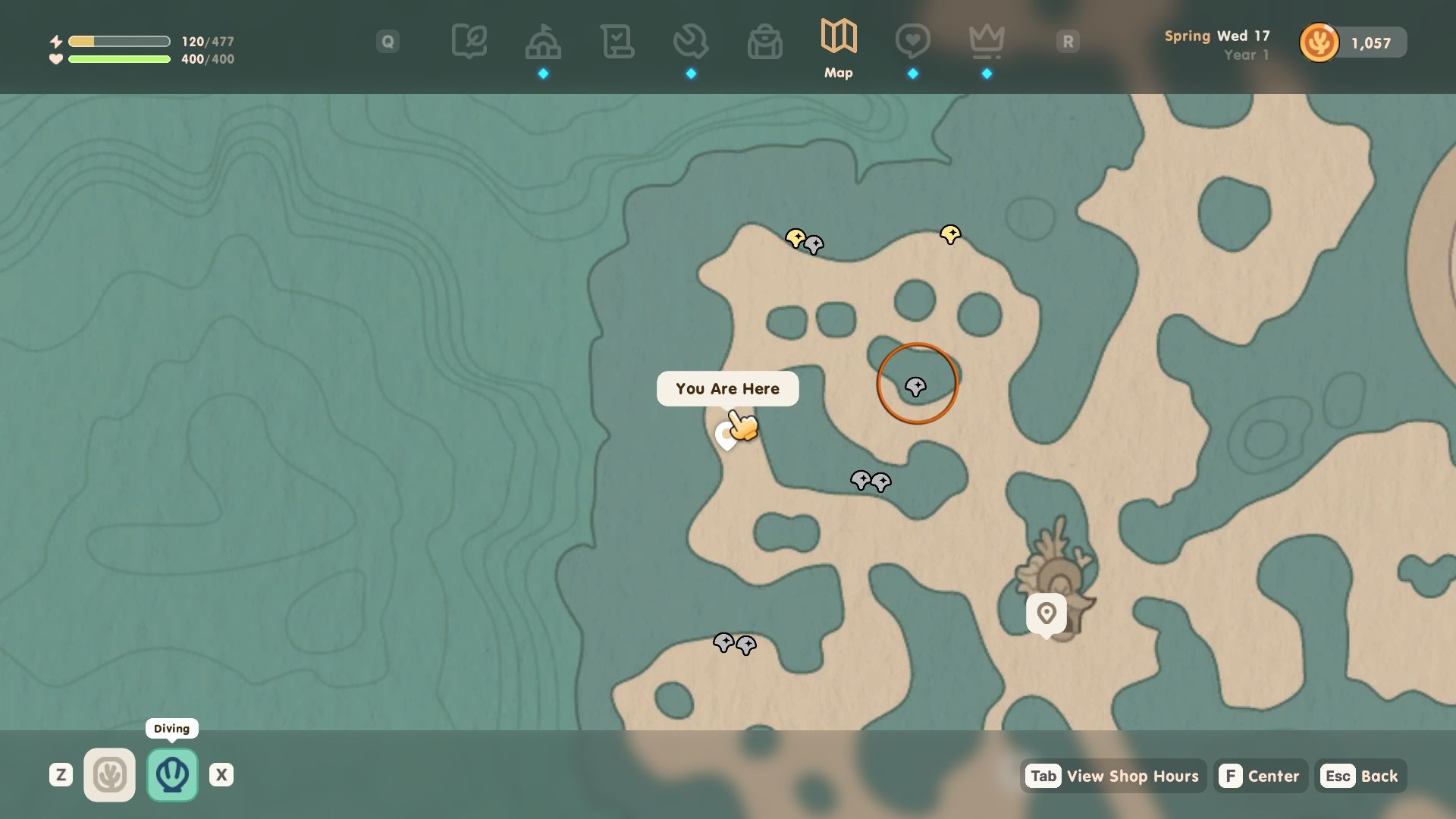 Coral Island ocean map showing a symbol for an undiscovered, inactive solar orb circled in orange.