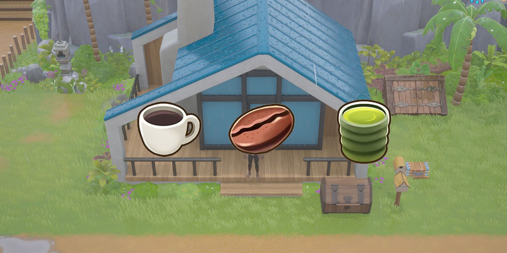 The sprites for Coffee, Coffee Bean, and Green Tea in Coral Island, overlapping the farmer's house.
