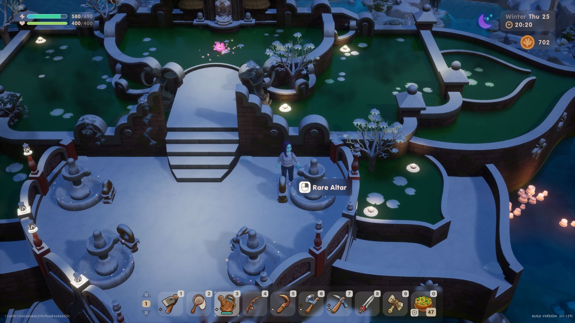 Coral Island avatar standing near a shrine. Text on the screen indicates that the shrine is known as the rare altar. This requires rare items to be donated to complete the bundles. 