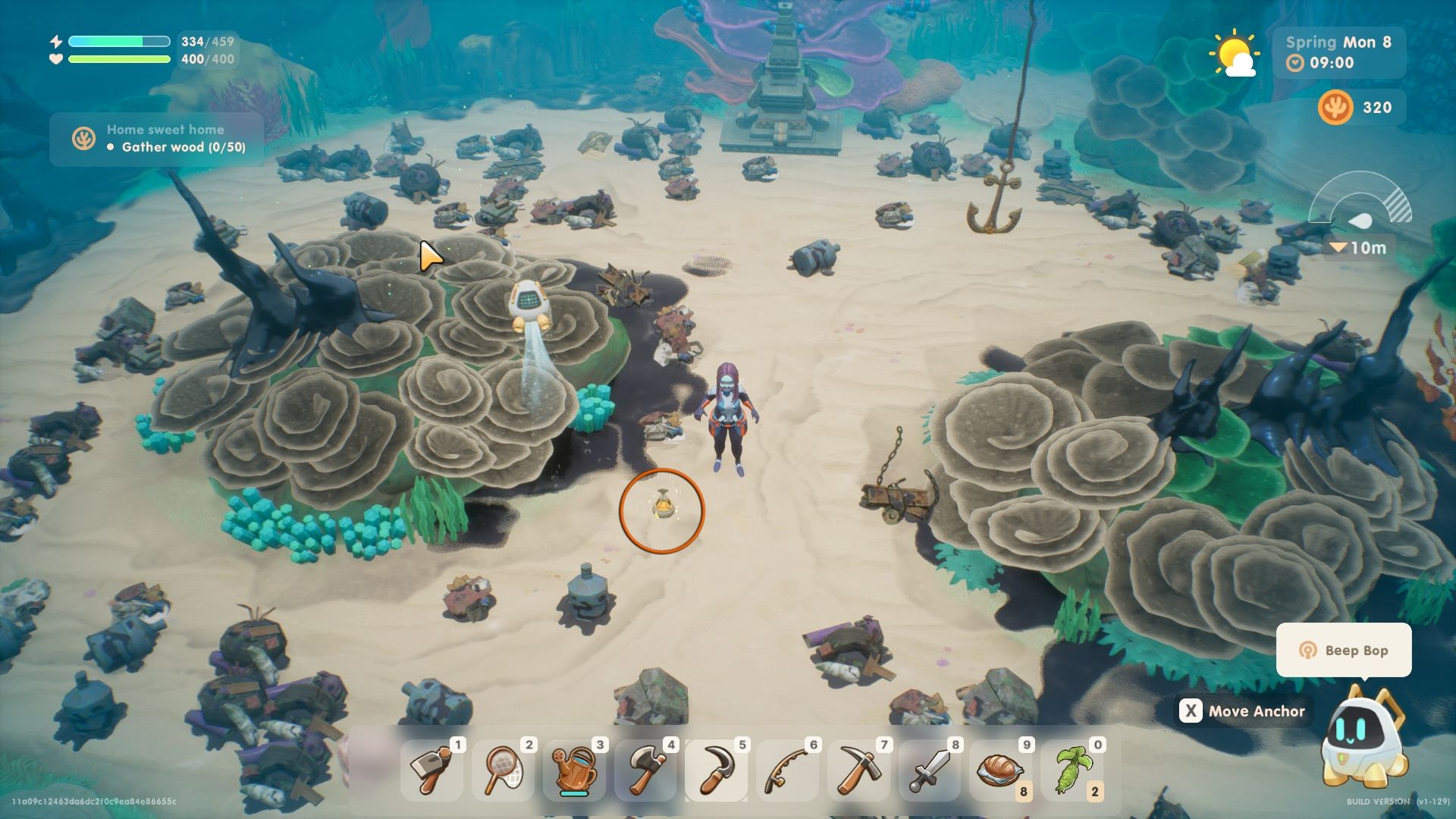 Coral Island avatar underwater in diving gear, near some dying coral. A small yellow lamp is circled in orange, to indicate that it's the solar orb.
