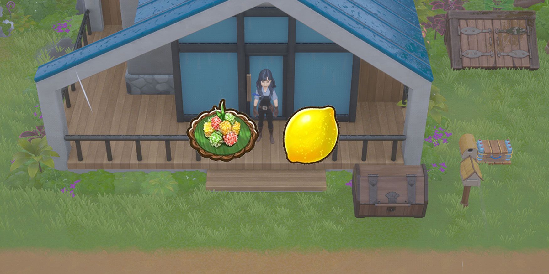 Coral Island Wakuu's Gifts to the player overlapping a shot of the farmer in front of their house.