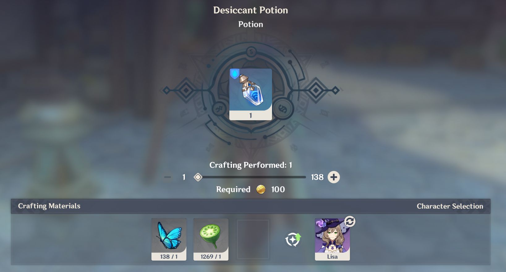Crafting screen for the Desiccant Potion in Genshin Impact