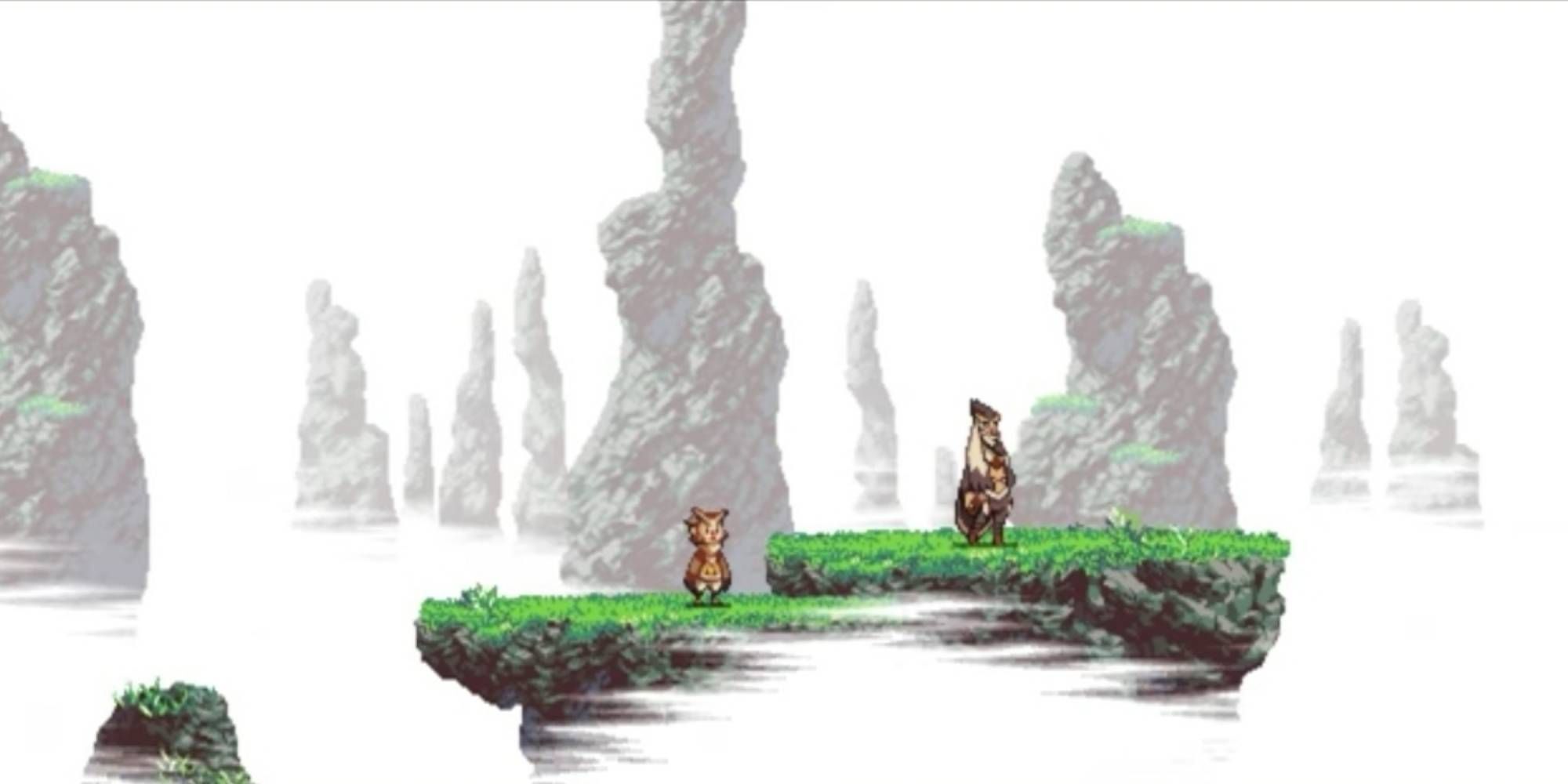 Cutscene from Owlboy with Otus and his Mentor Asio