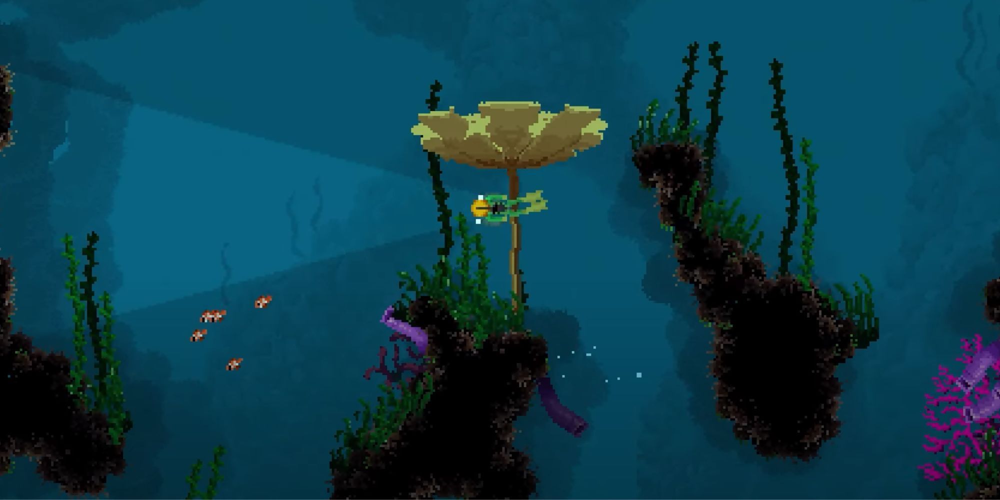 A pixel art, underwater ocean environment featuring a diver with a green suit and a bright head lamp.