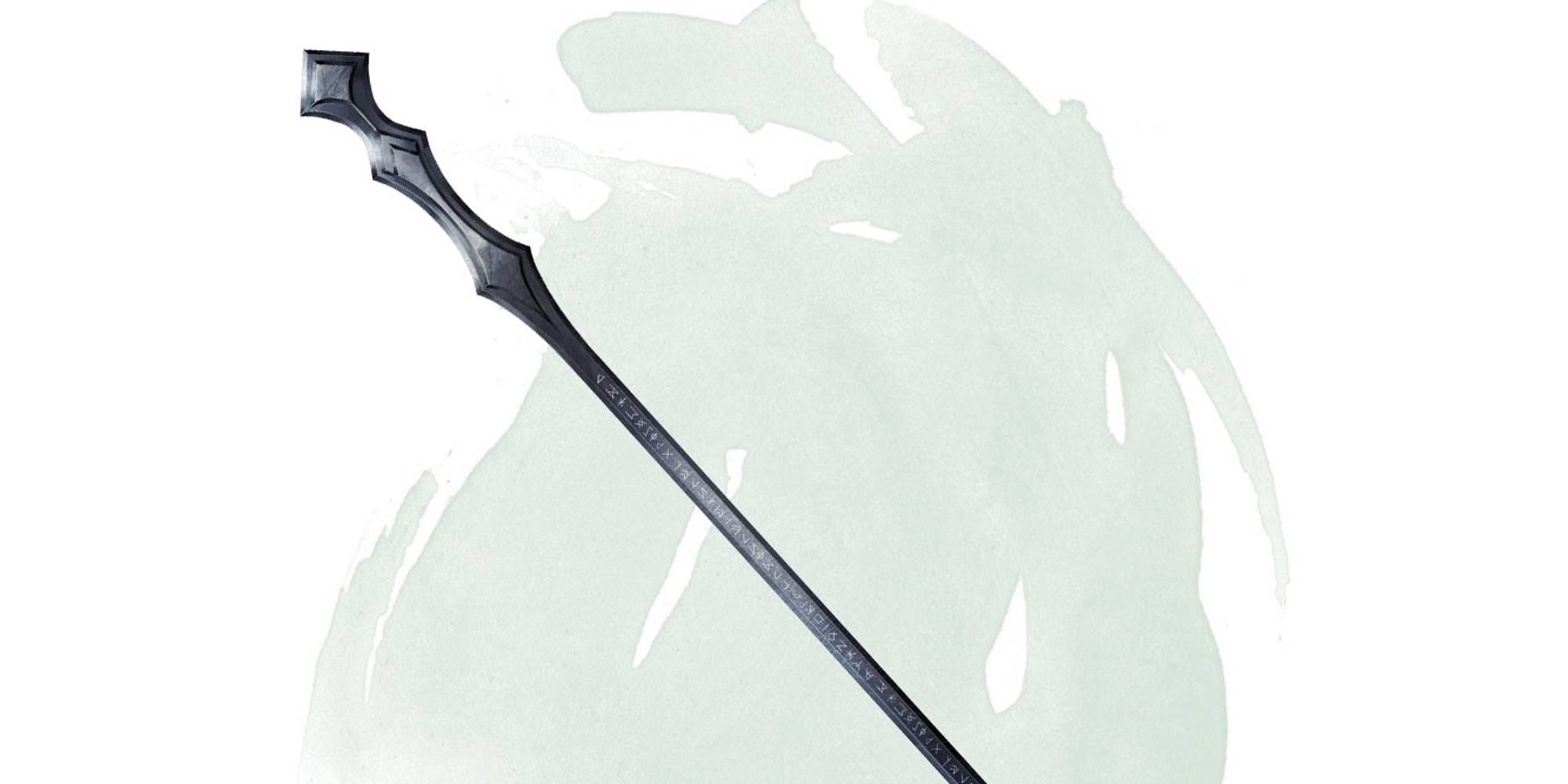 A slender and dark staff with a slight curve towards the edge