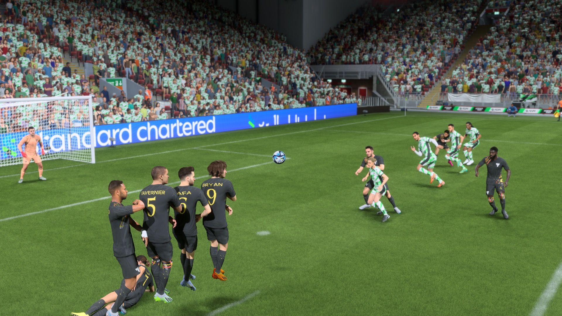 A wall of players jumps to block a free kick in EA FC 24.