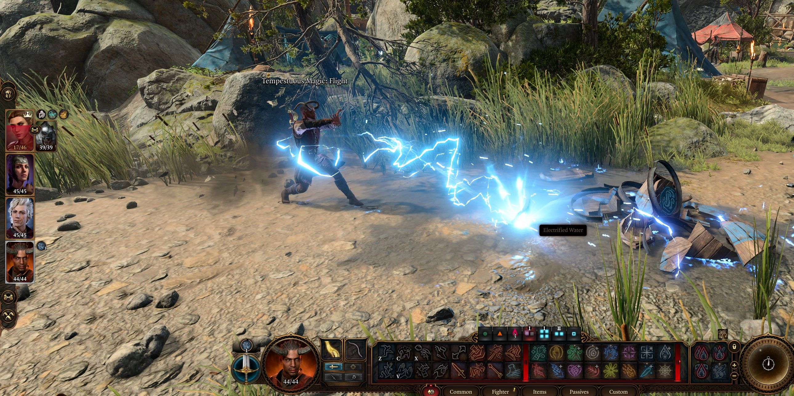 An image of Wyll shooting a witchbolt at a water surface, electrifying it