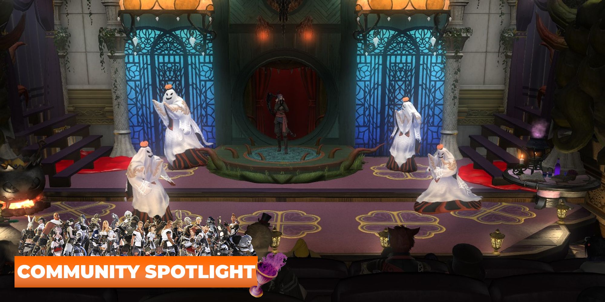 Esprit's Halloween Horrors show in Final Fantasy 14 with the cast on stage dancing as ghosts.