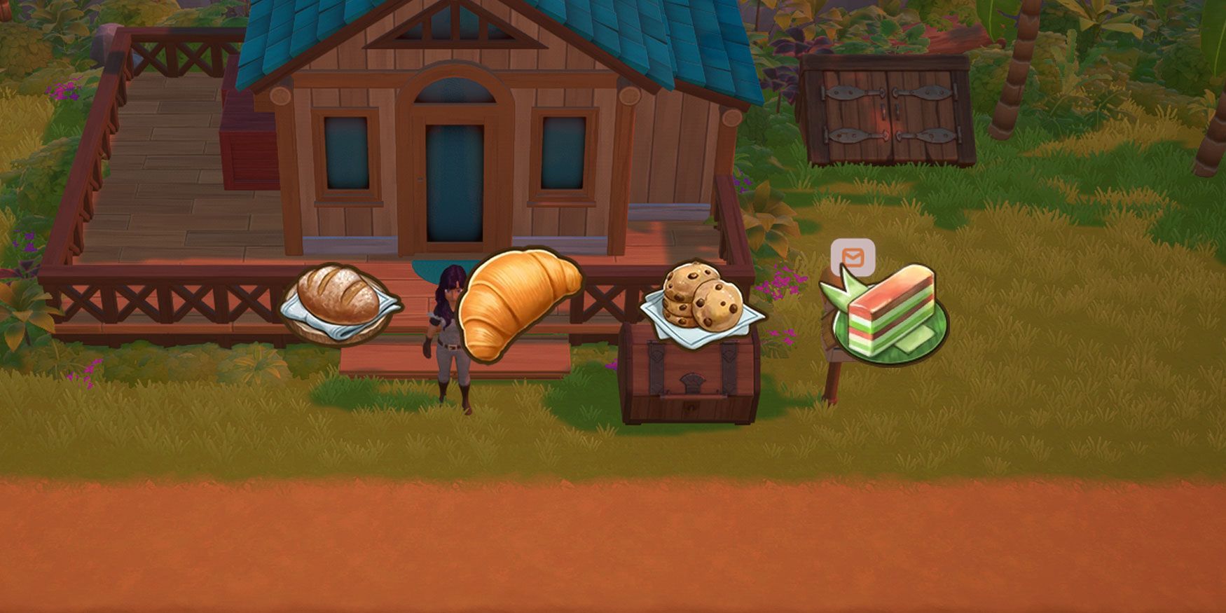A shot of the Coral Island player farm showing the mailbox with a notification. There are icons for the in-game items Bread, Butter Croissant, Cookies and Kue Lapis overlaying the image.