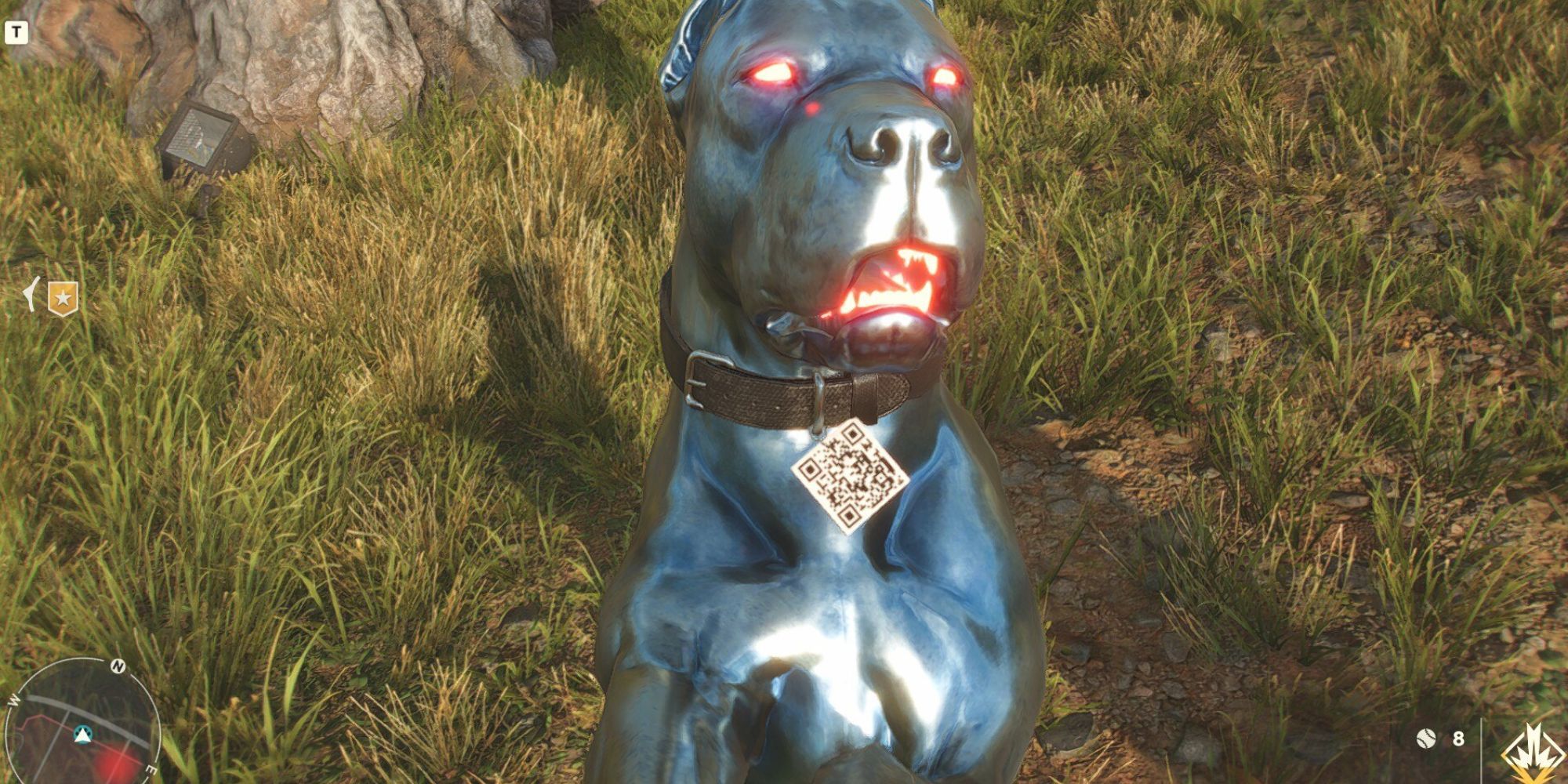 An intimidating hound with glowing red eyes and teeth, and reflective, metallic skin wearing a collar with a QR code on it.