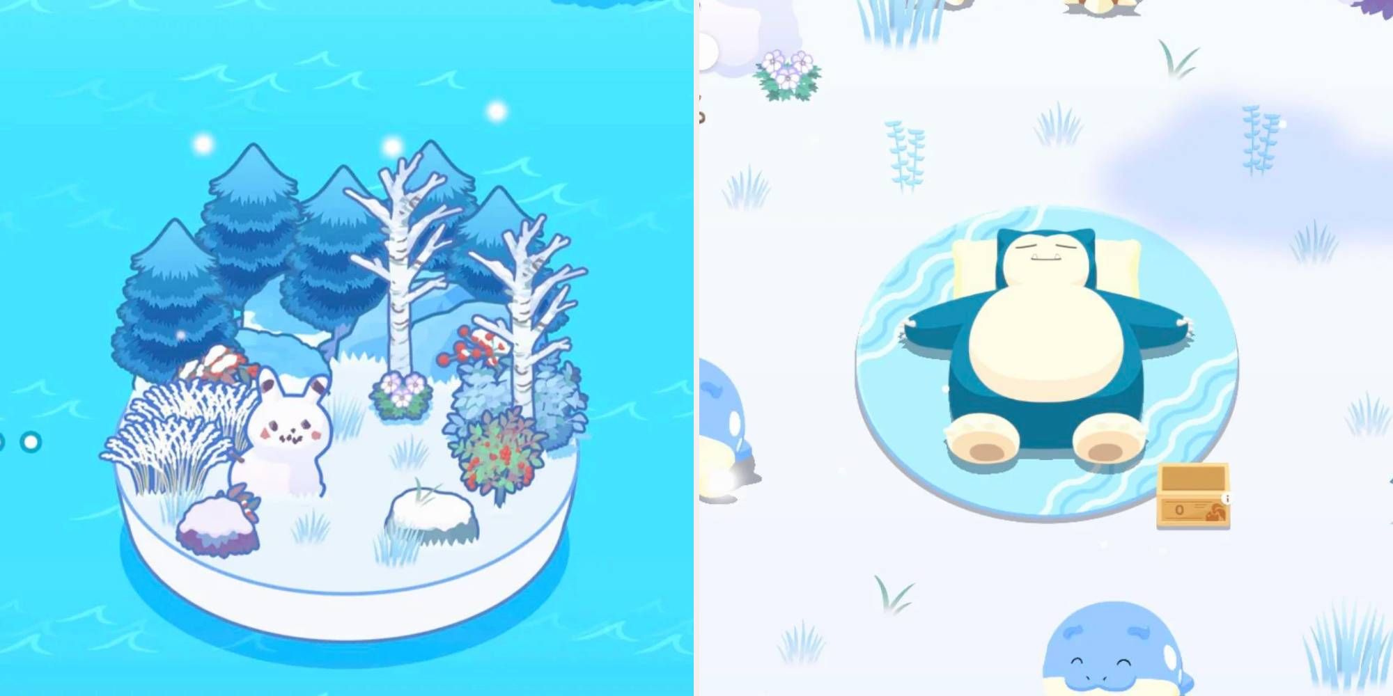 An icy island where a Snorlax sleeps in a field of snow.