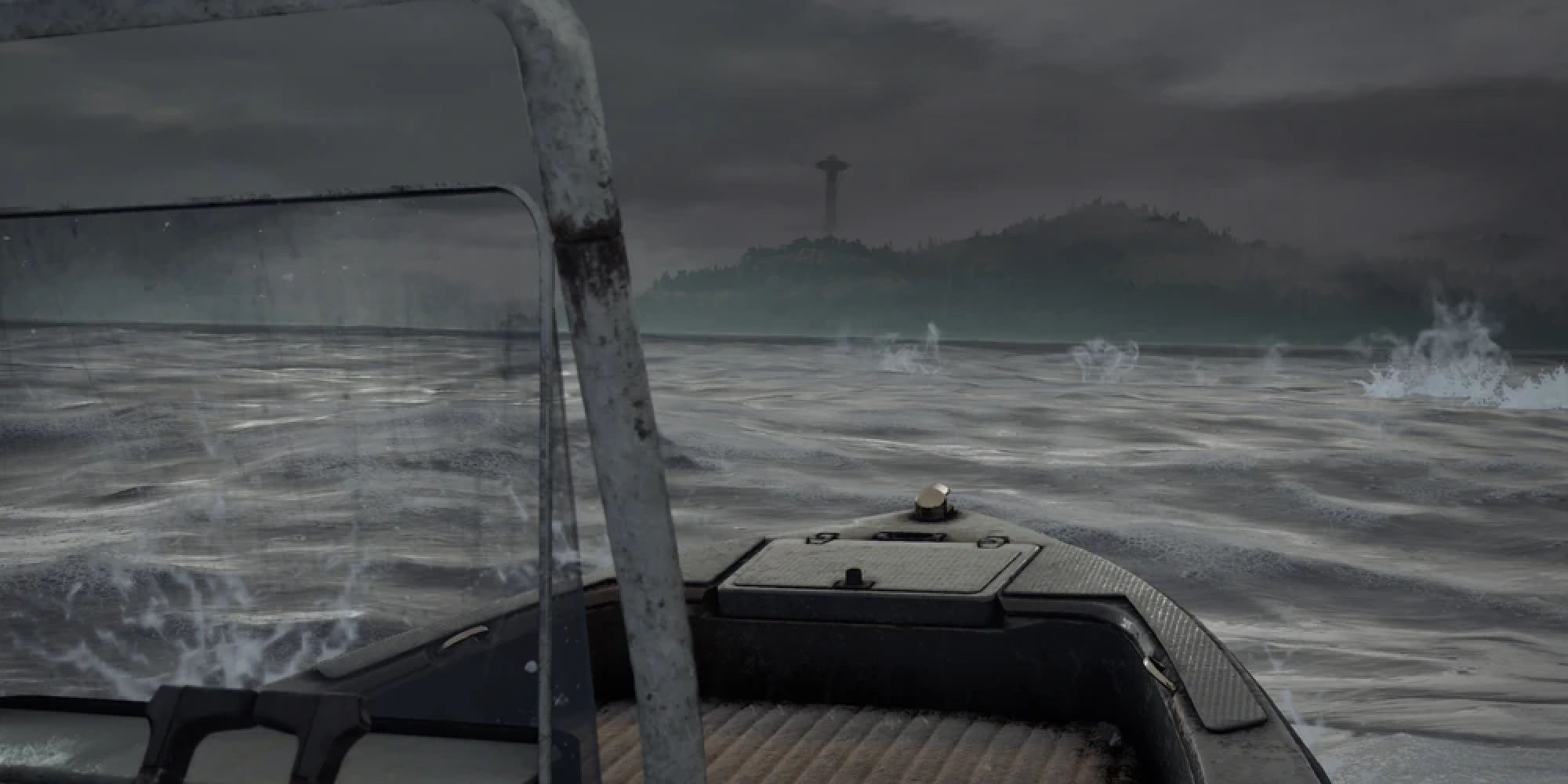 First-person view of Abby on a boat sailing to The Seraphite Island in The Last of Us Part 2 during a storm