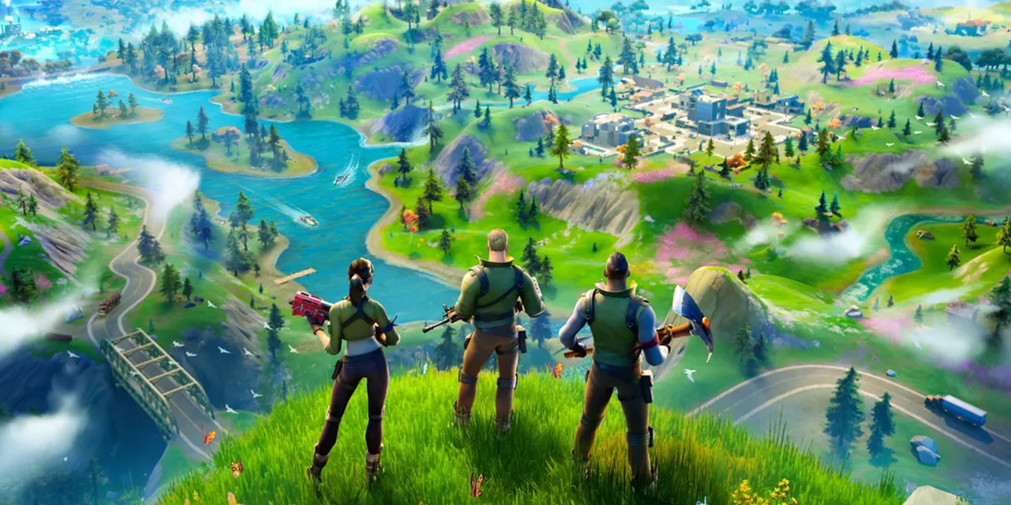 Chapter 2 key art for Fortnite, showing players looking over the map.