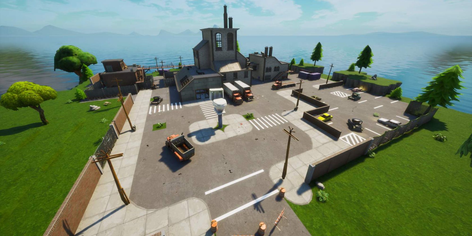 An image from Fortnite Chapter 4 Season 5 of the Flush Factory POI, which is a large warehouse.