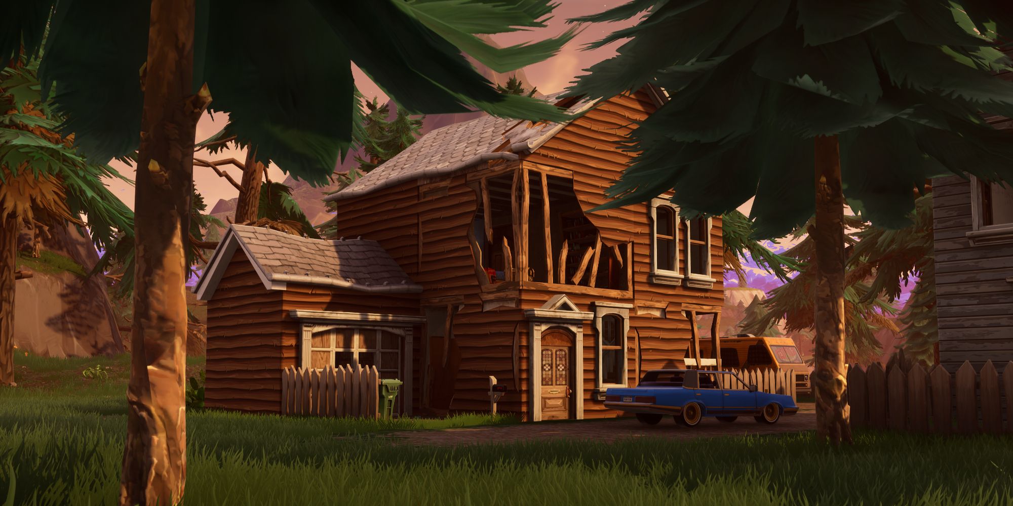 An image from Fortnite Chapter 4 Season 5 of the Shifty Shafts POI, which is made up of an abandonded house and mineshaft.