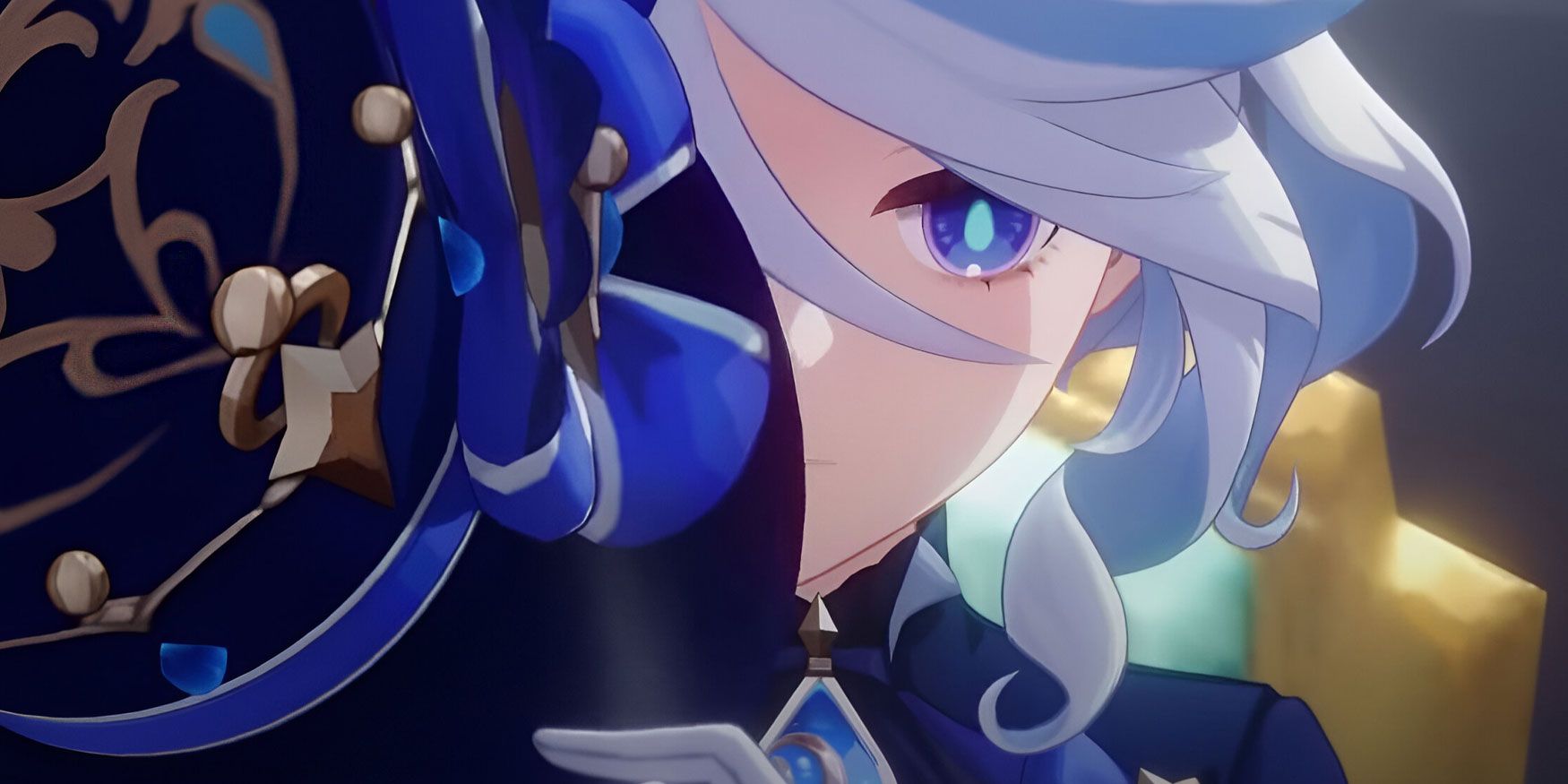 Furina from Genshin Impact holding her hat against her face, obscuring half of it.