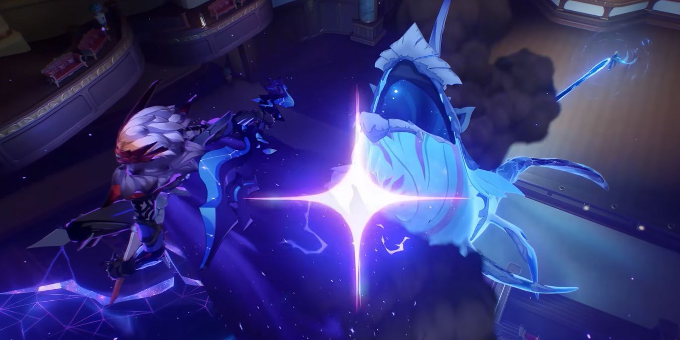Childe fighting the All-Devouring Narwhal in his Delusion form.