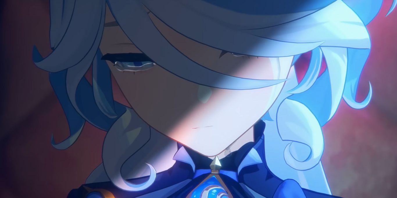 Closeup of Furina crying in Genshin Impact. 