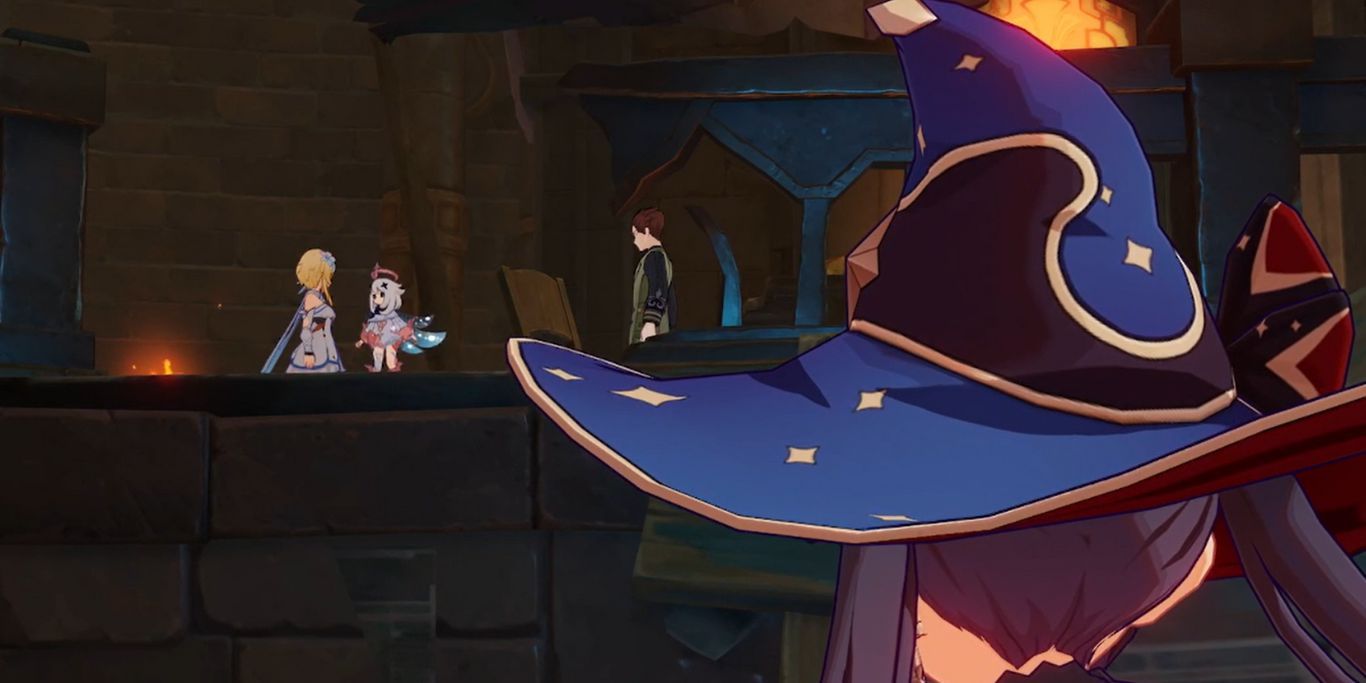 Genshin Impact Mona Looking At Traveler And Paimon