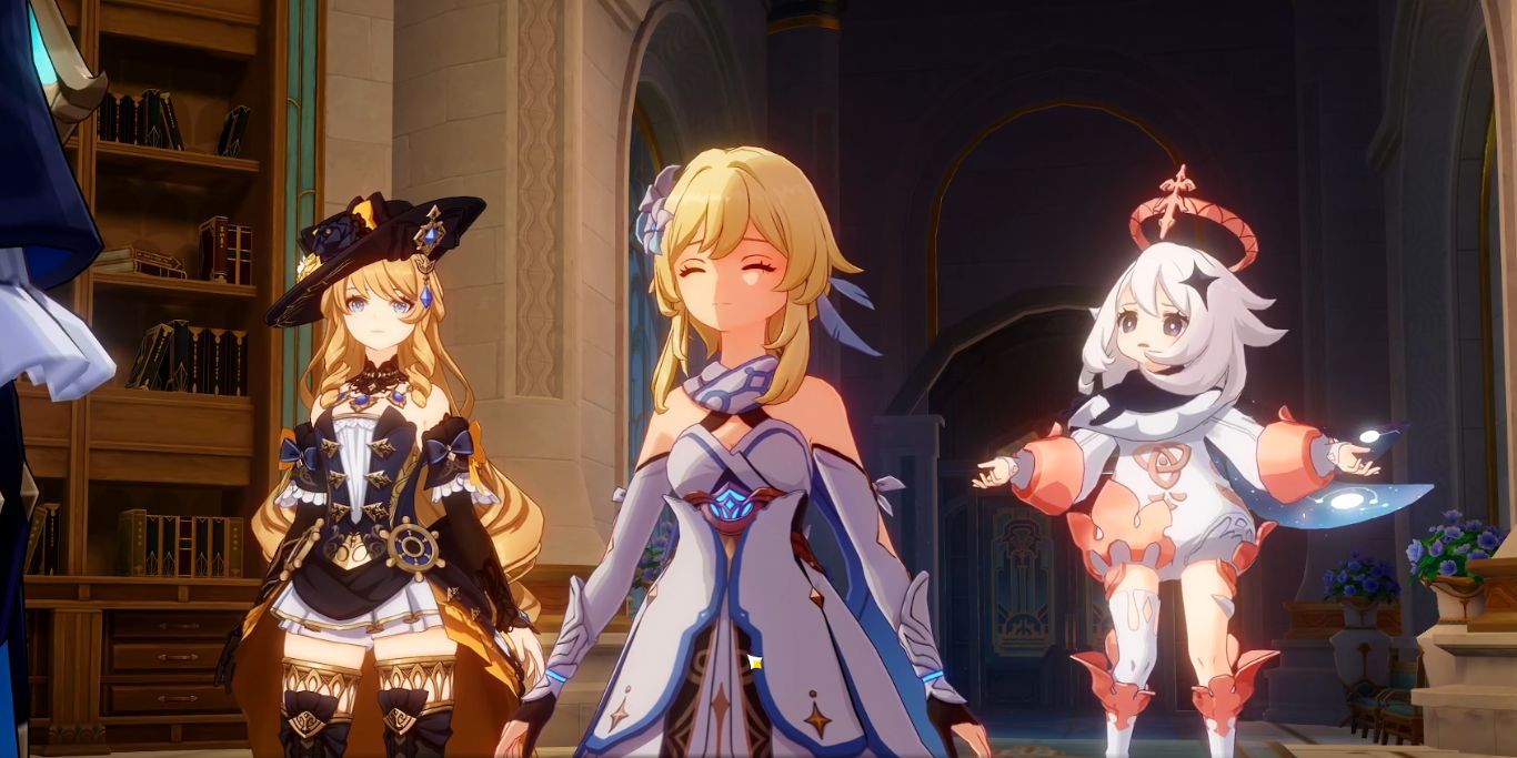 Genshin Impact Navia Lumine Smiling And Paimon With Neuvillette