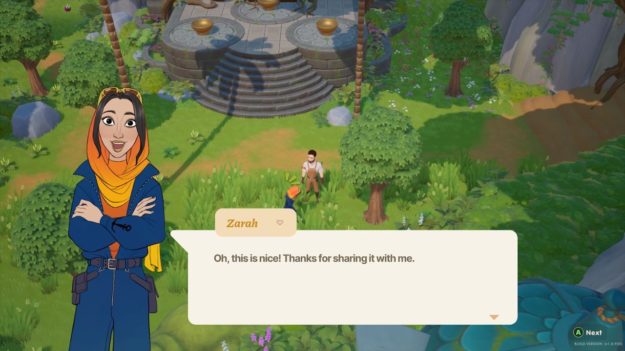 Giving Zarah one of her Liked Gifts in the forest.