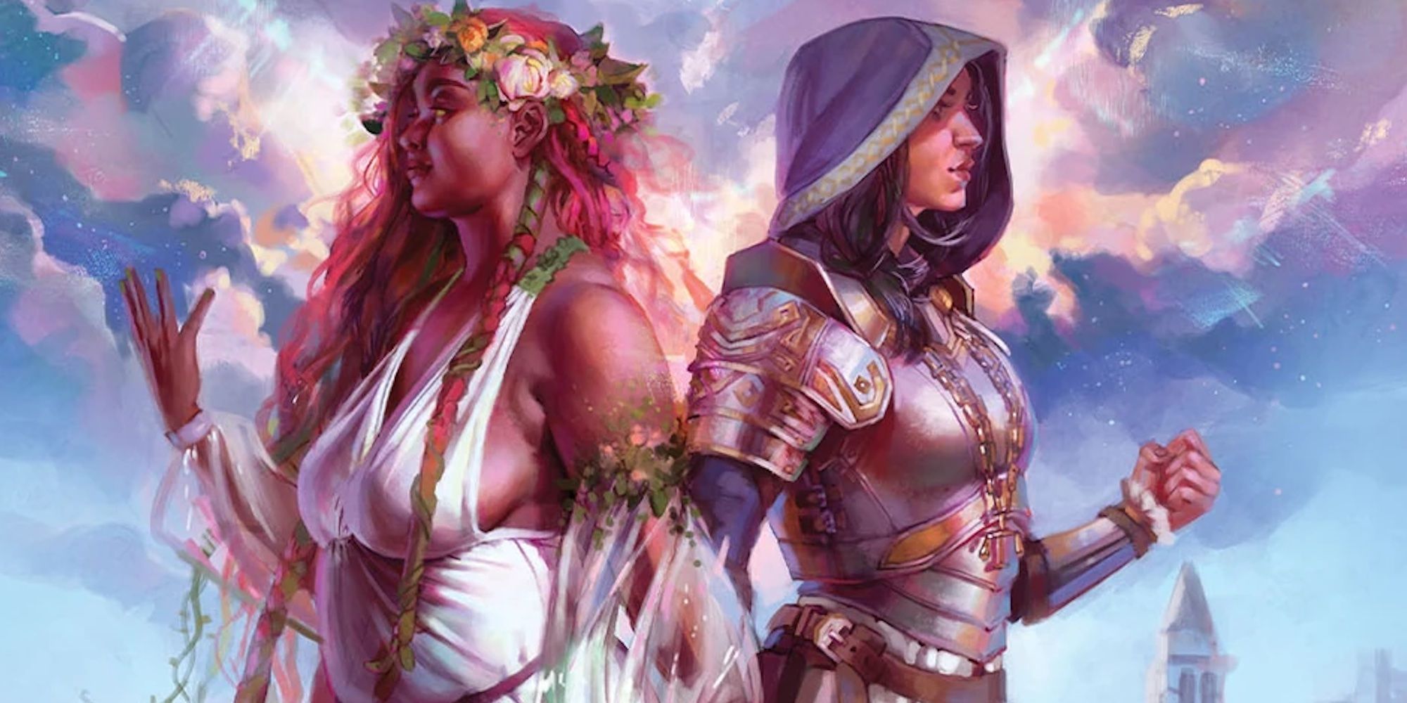 Two goddesses stand back to back, overlooking their domains.
