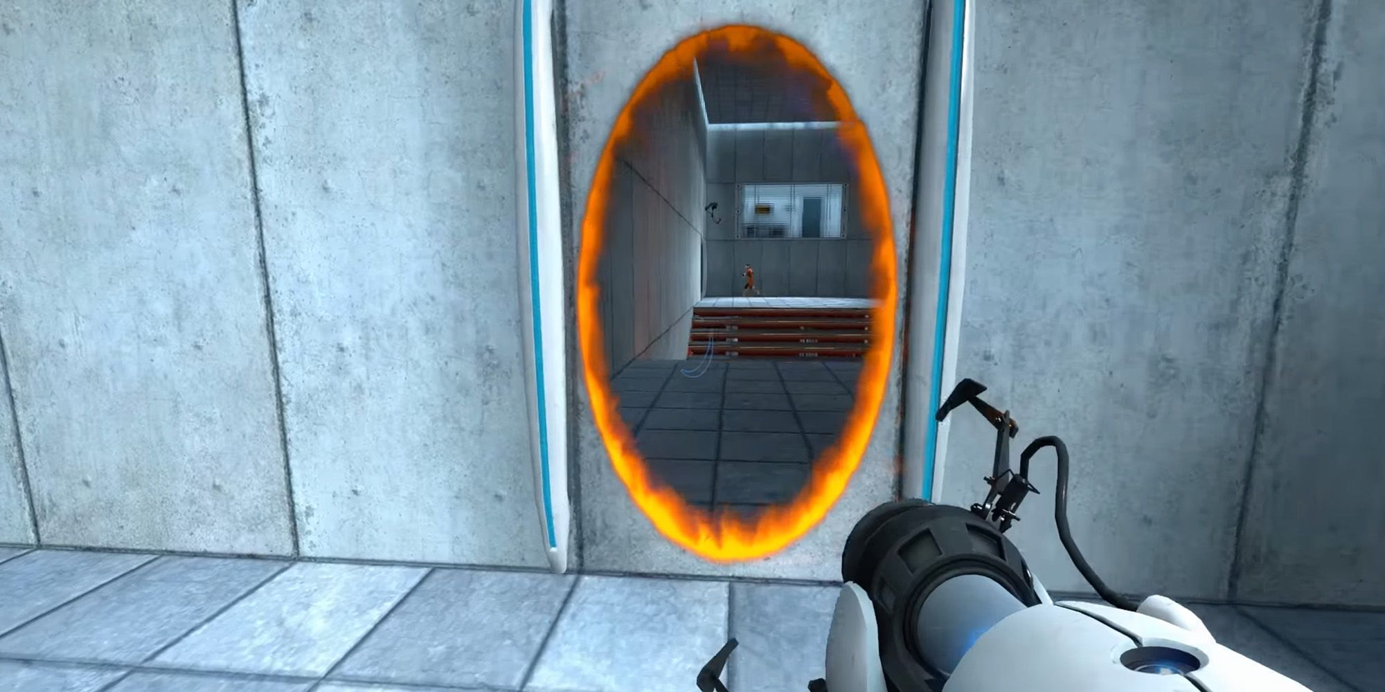 Portal - Chell using the portal gun to create an orange portal on the wall