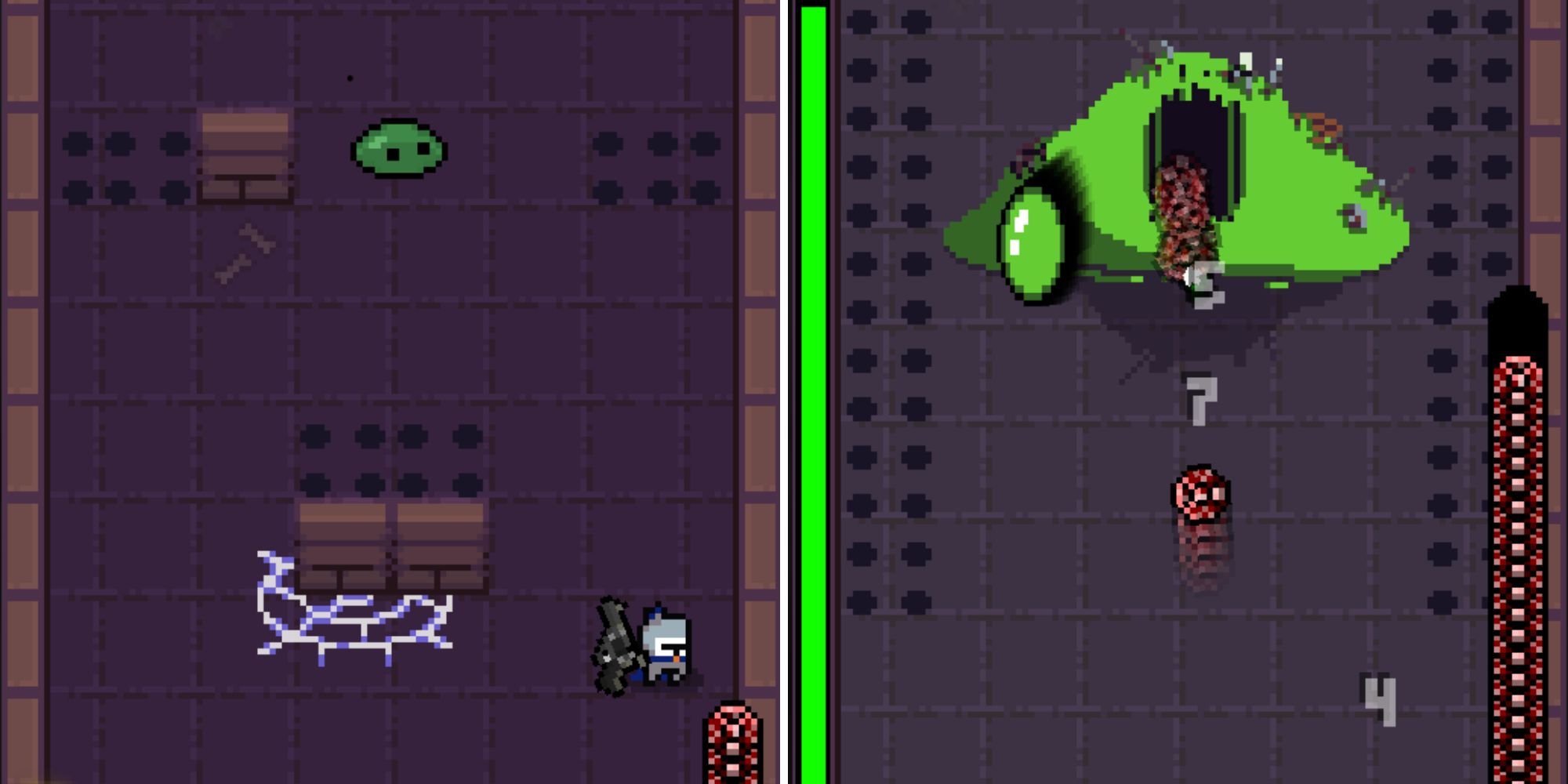A split image of a pixelated knight holding a gun in a dungeon, and a bright green slime boss.