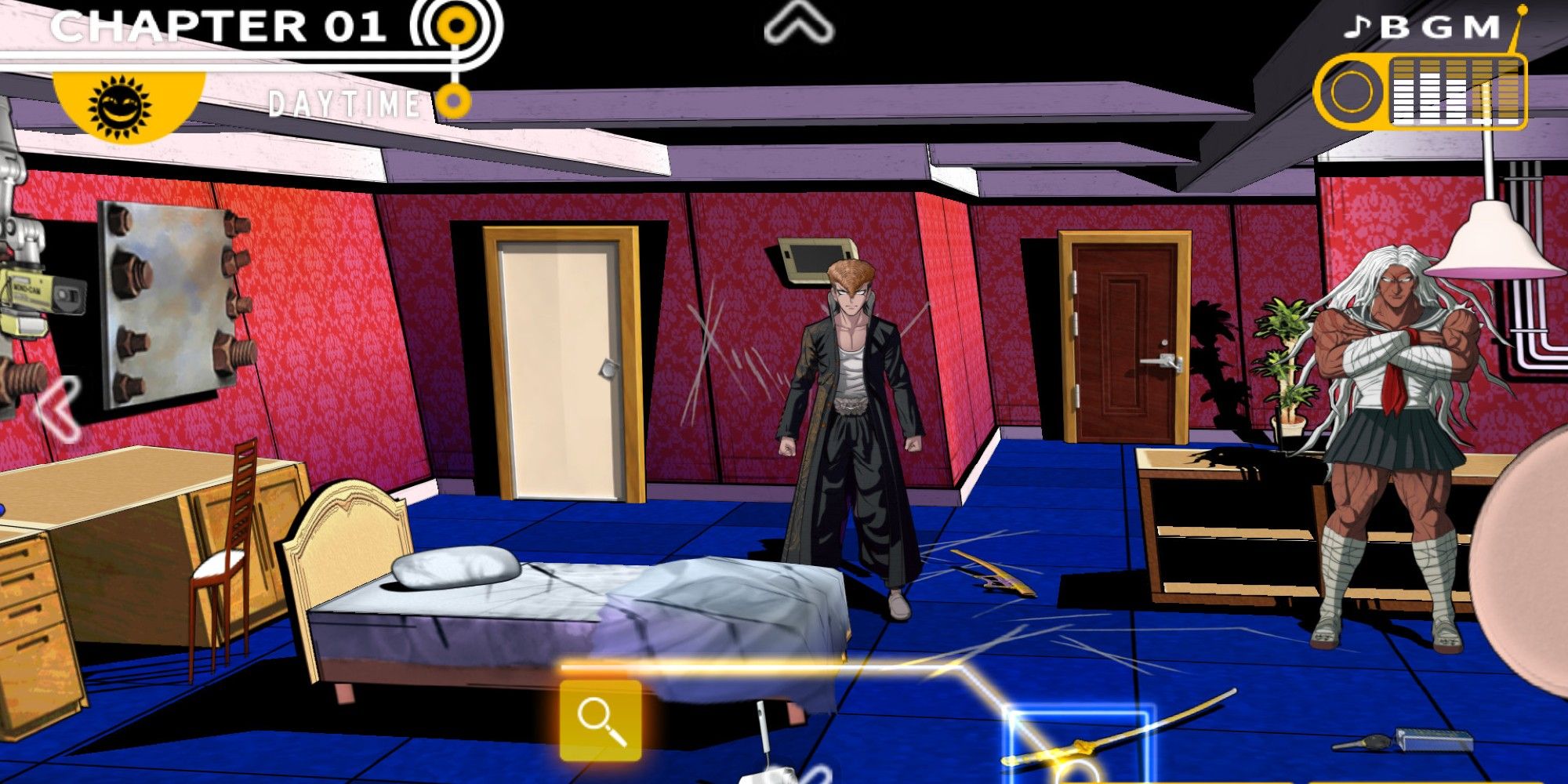 Inside a dormitory with two Danganronpa characters.