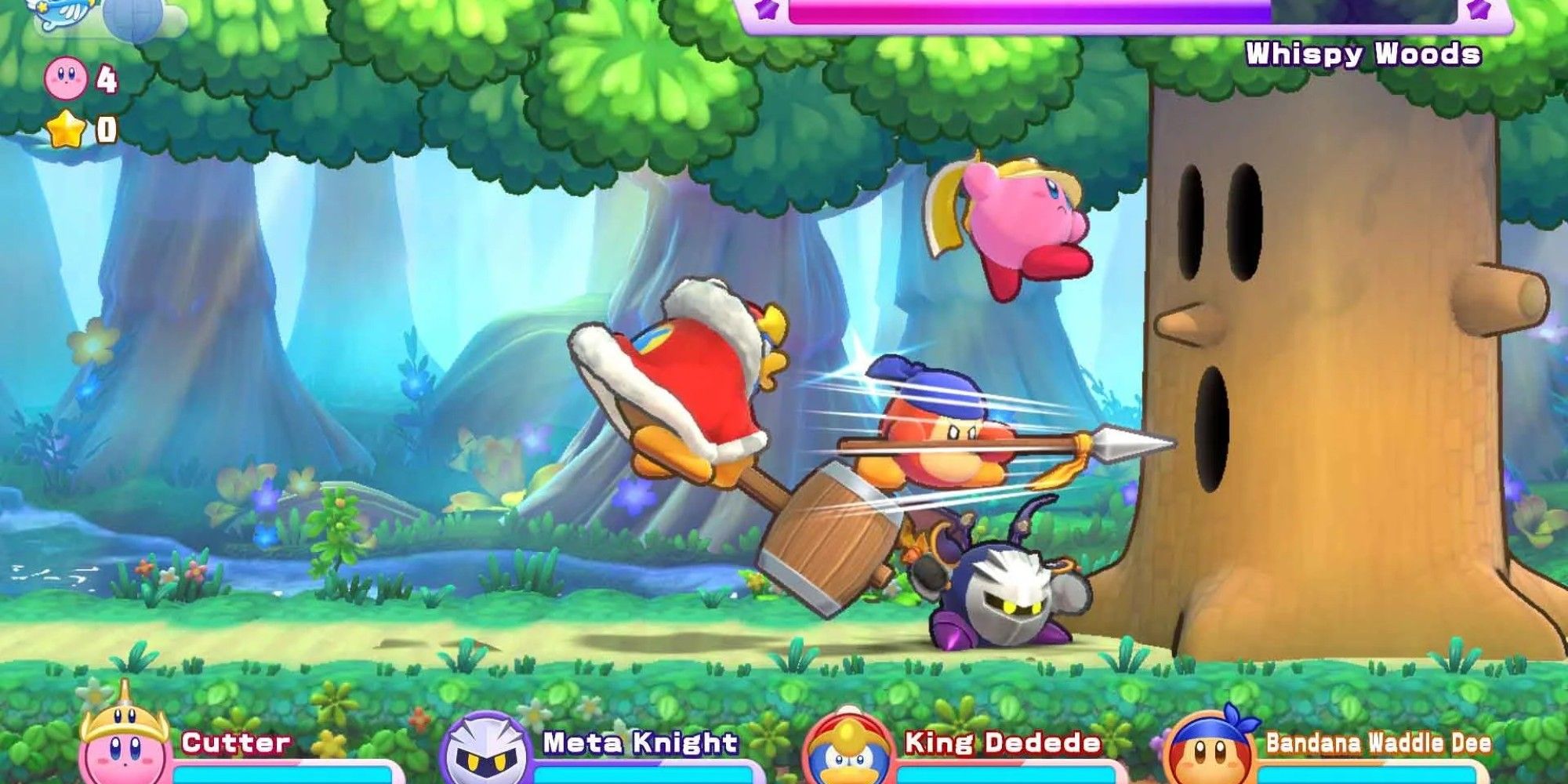 Kirby, King Dedede, Waddle Dee, and Meta Knight fighting Whispy Woods.