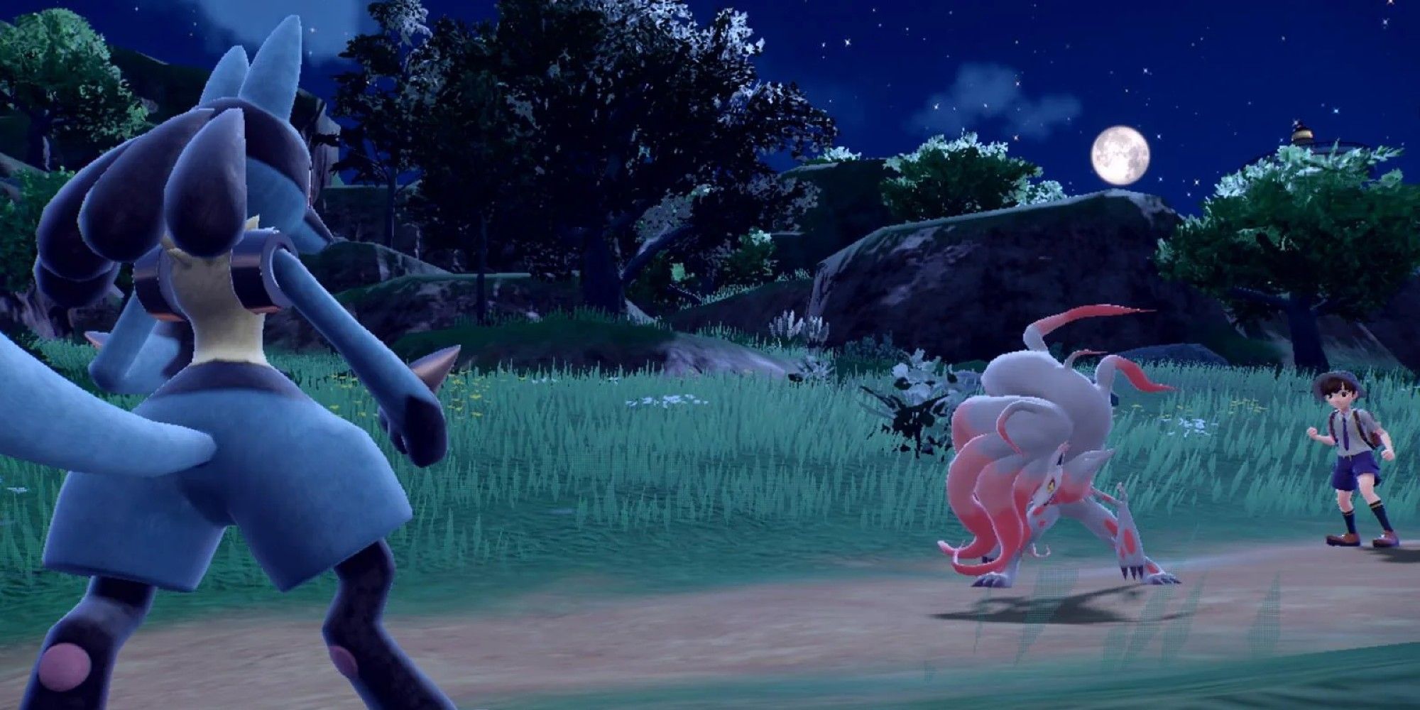 Lucario and Sylveon facing down a trainer in the fields. 