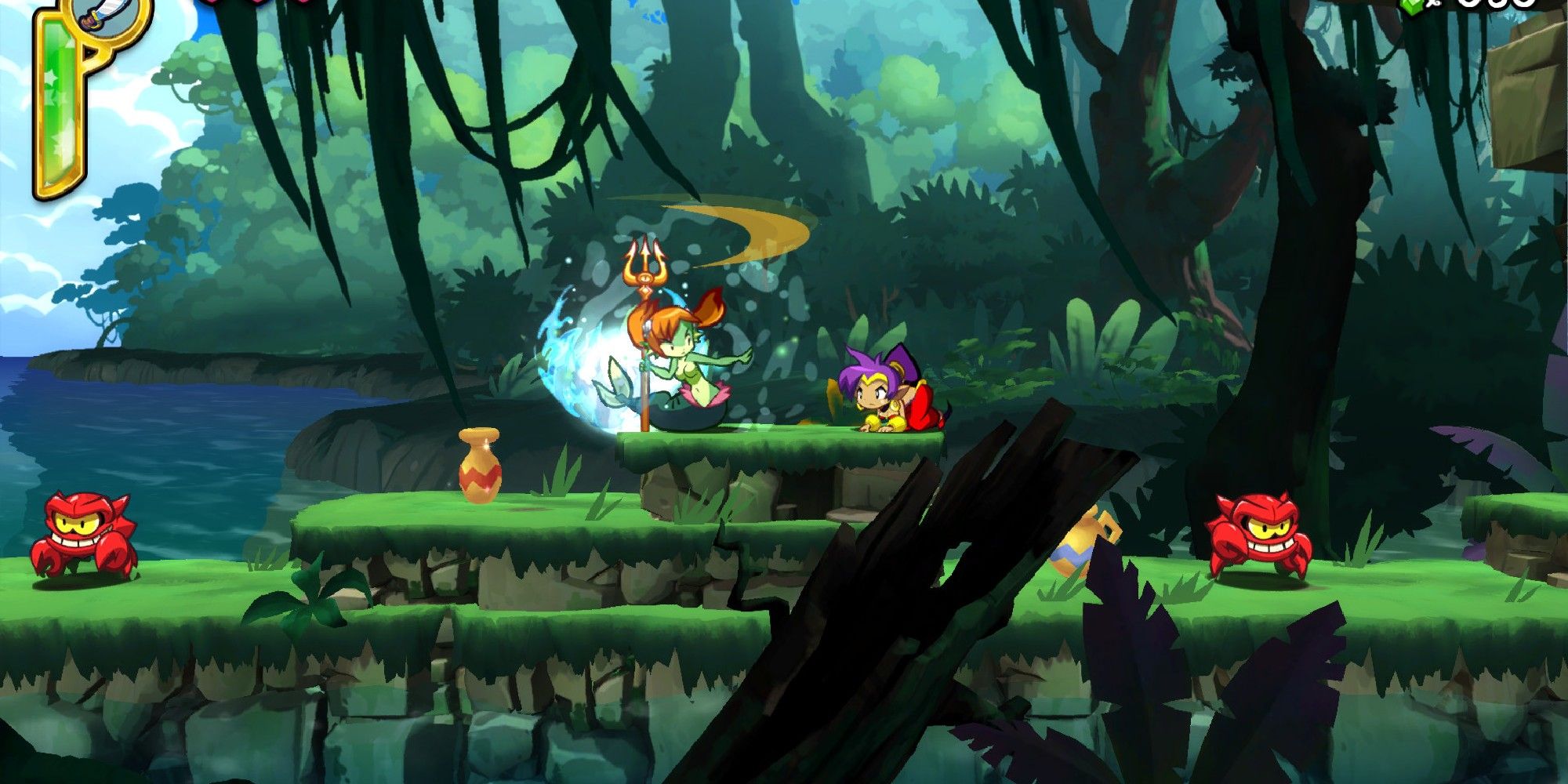 Shantae crouching next to a mermaid in the jungle.