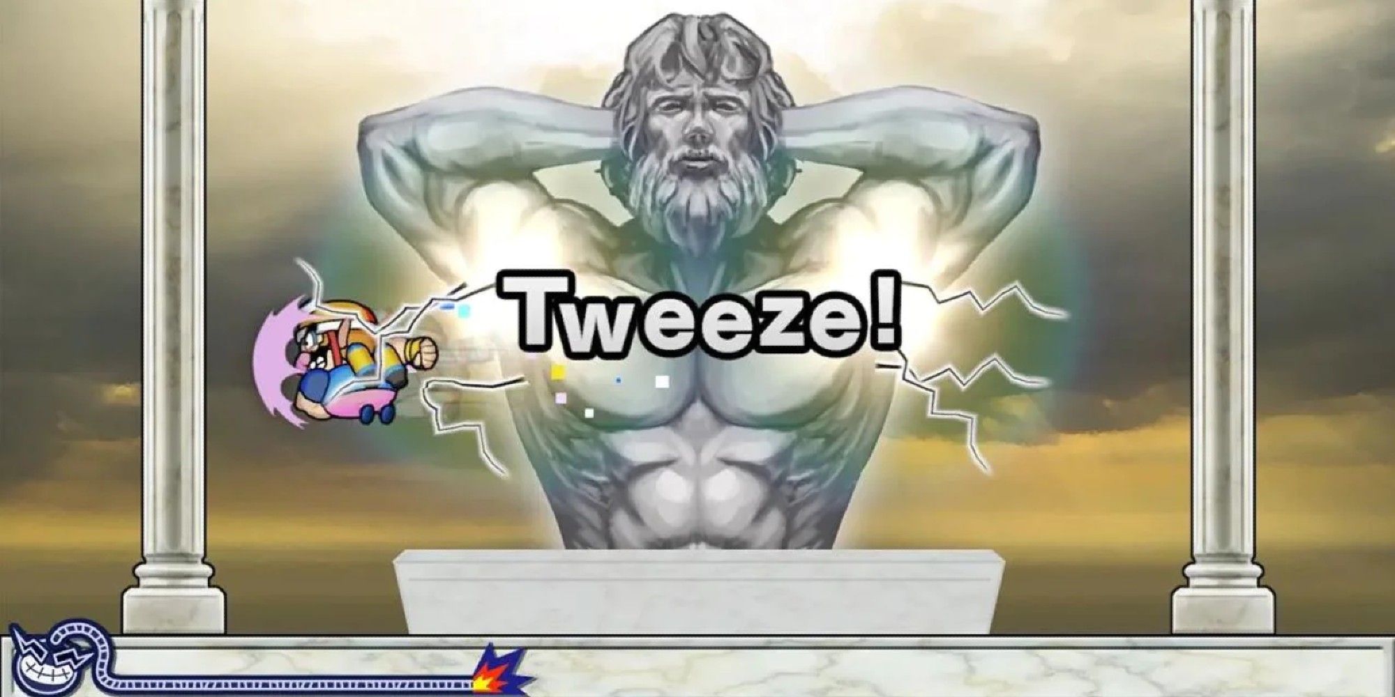 Wario zapping a statue of Zeus.
