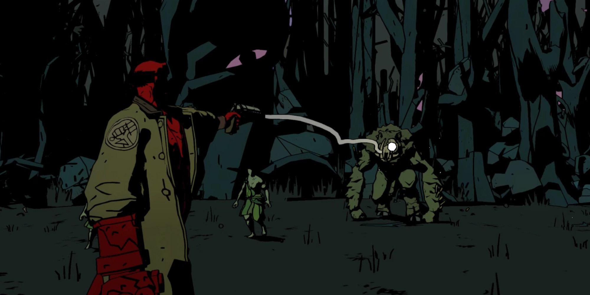 Hellboy shoots his pistol in Hellboy: Web of Wyrd