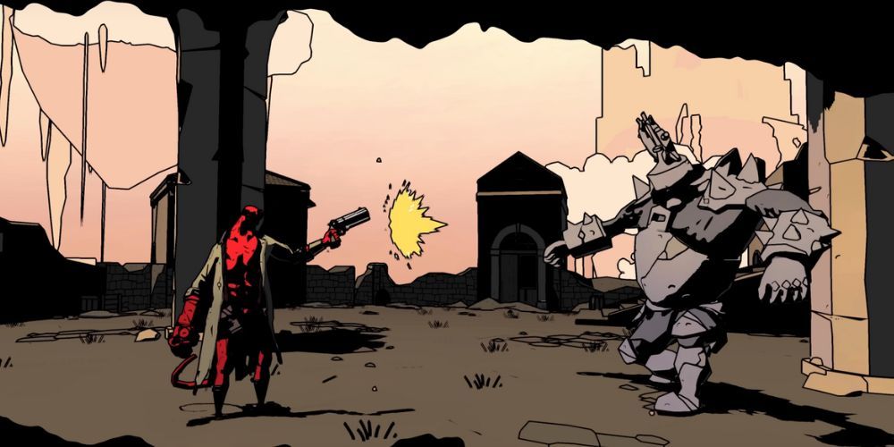 Hellboy From Game Shooting Enemy With Pistol