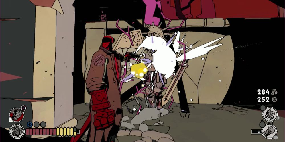 Hellboy From Game Shooting Enemy With Shotgun