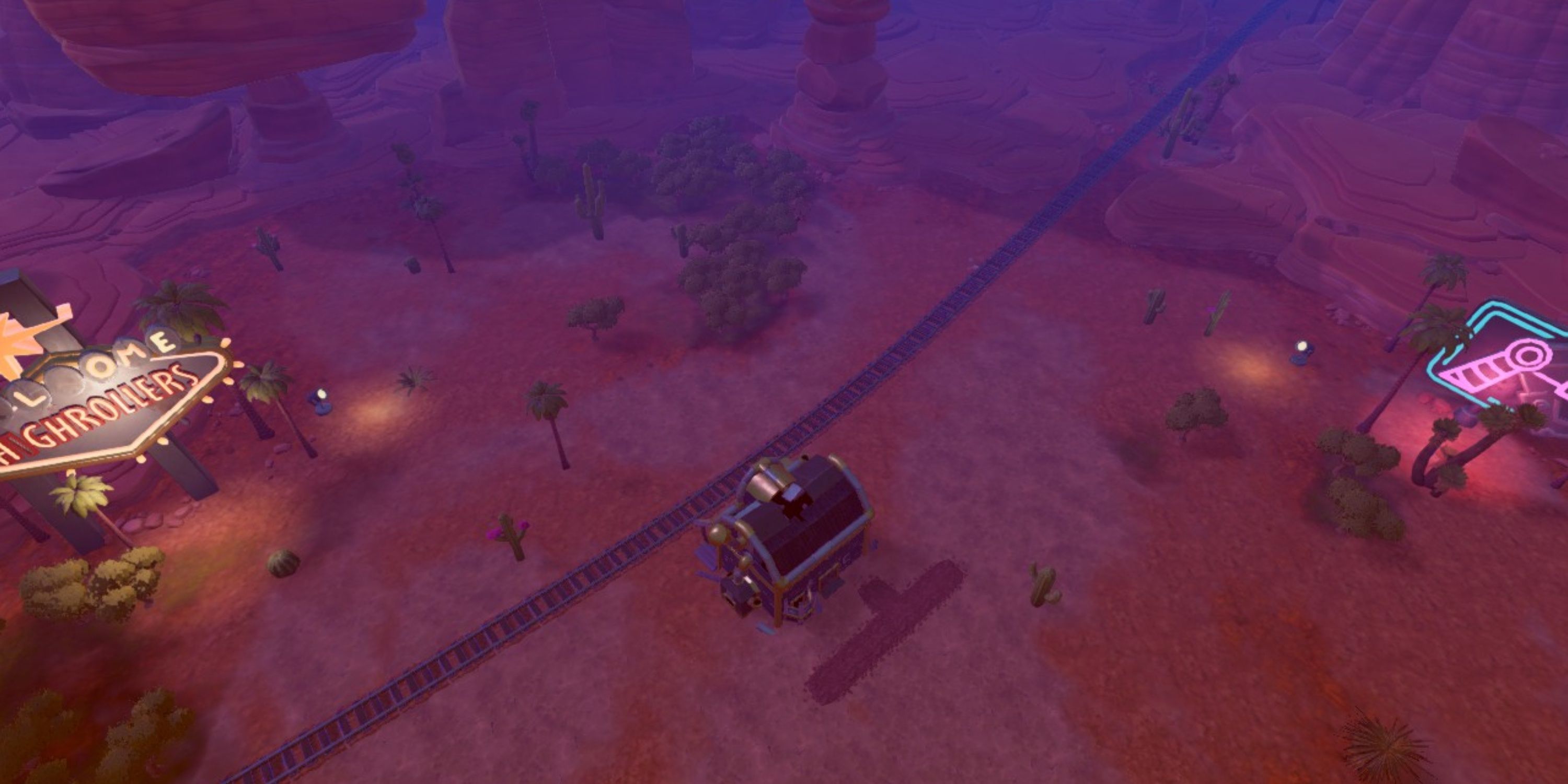 Aerial view of the Highroller Dunes map, showing off its large signs with neon lights and the tropical, nighttime setting in Steamworld Build.