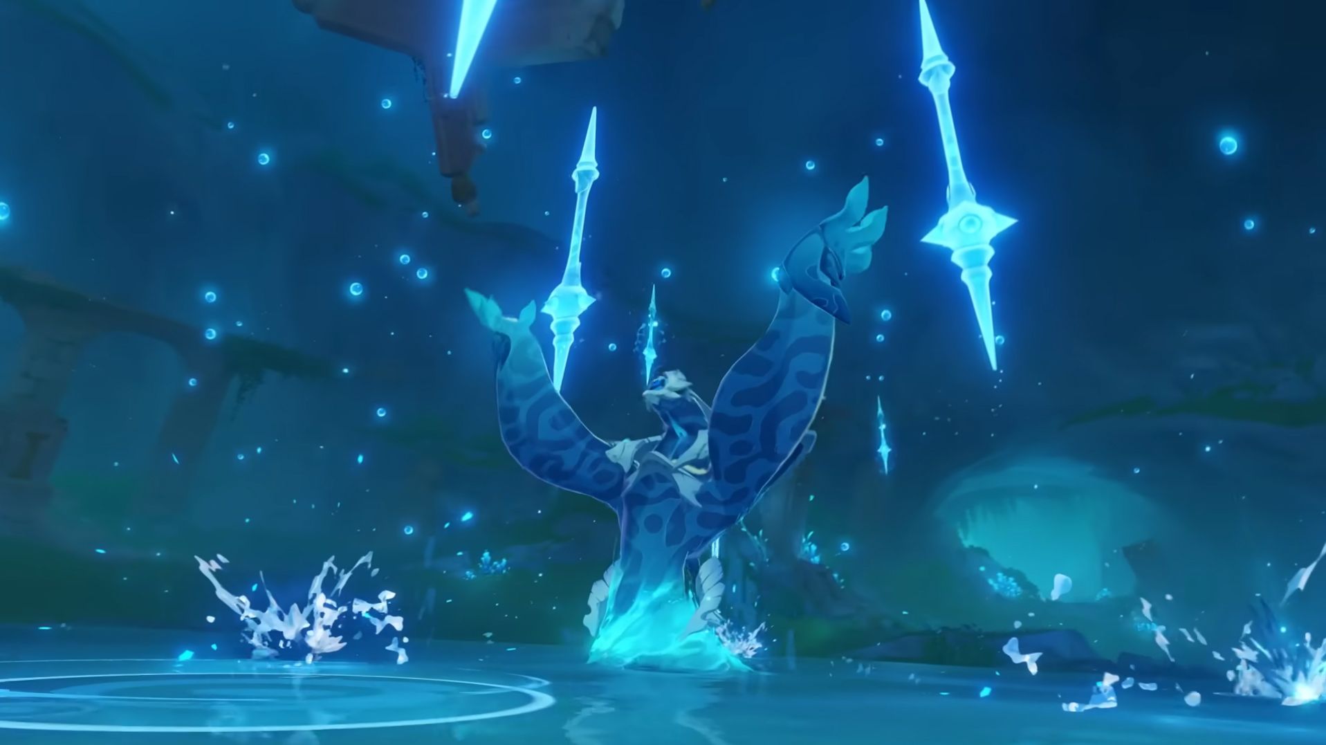 Hydro Tulpa using its lance barrage attack (screenshot from Genshin Version 4.2 trailer)