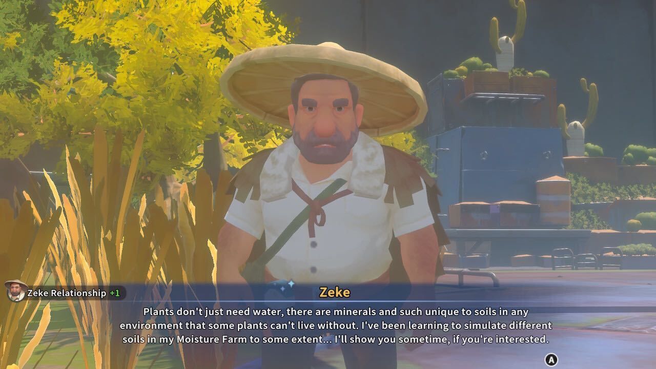 zeke teaching the builder about farming in my time at sandrock