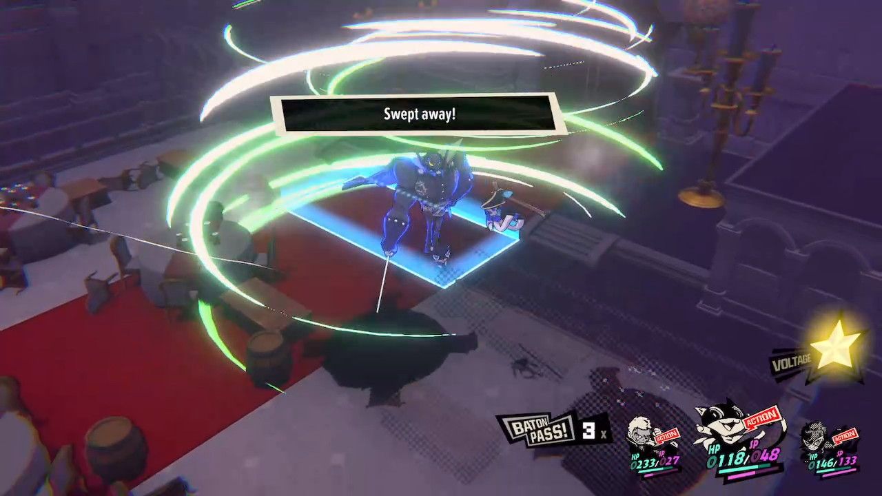 A scrrenshot of Persona 5 Tactica showing Morgana and Zorro, with a textbox saying "swept away!"