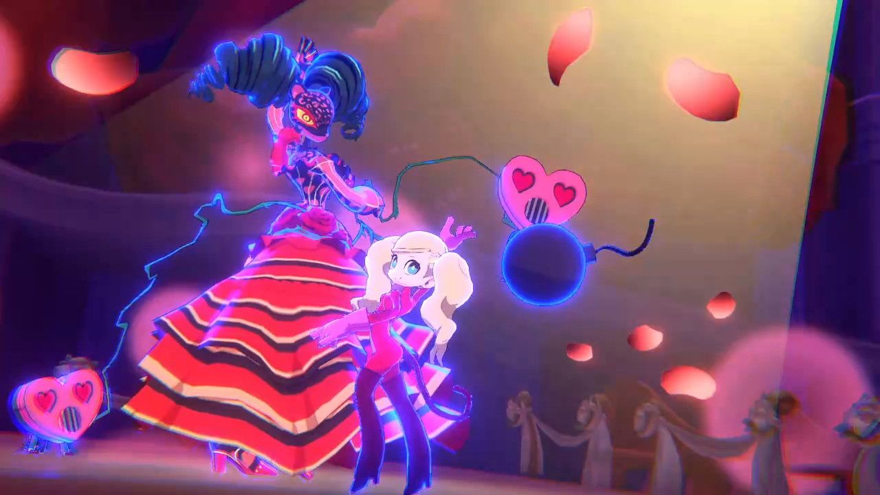 A screenshot of Persona 5 Tactica showing Panther and Carmen surrounded by rose petals