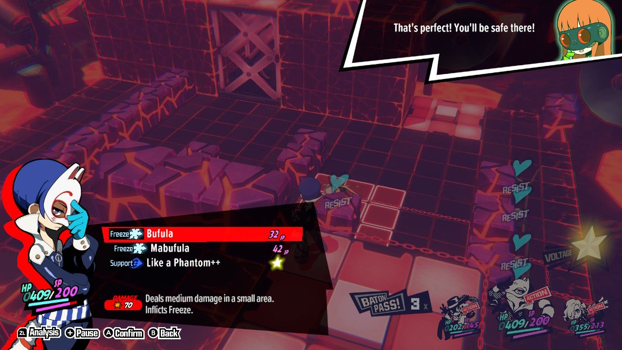 A screenshot of Persona 5 Tactica showing off the Voltage skills in the menu