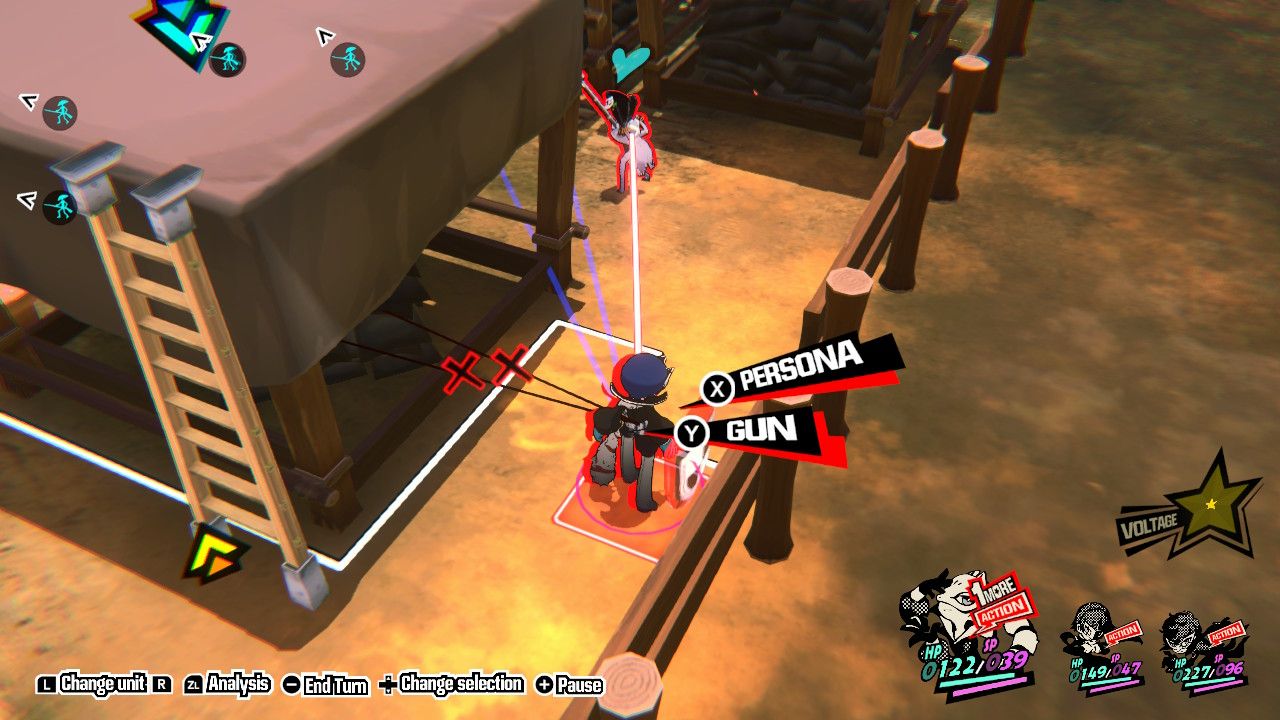 A screenshot of Persona 5 Tactica showing Yusuke within range to shoot an exposed enemy