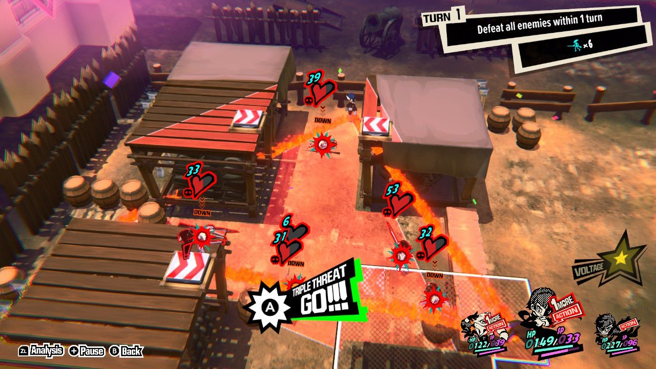 An screenshot of Persona 5 Tactica showing a Triangle Attack that covers the whole map